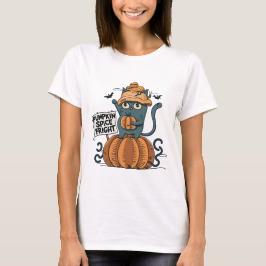 Halloween Cat Sprichwort "Kürbisgewürzfieber" T-Shirt (Vorderseite)