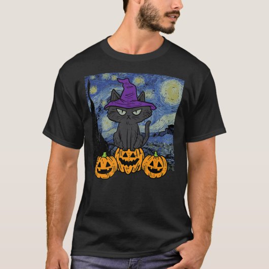 Halloween Cat Starry Night Costume Art Gogh Women T-Shirt (Vorderseite)