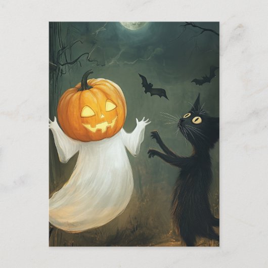 Halloween Cat und Ghost Postkarte (Vorderseite)