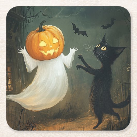 Halloween Cat und Ghost Rechteckiger Pappuntersetzer (Vorderseite)