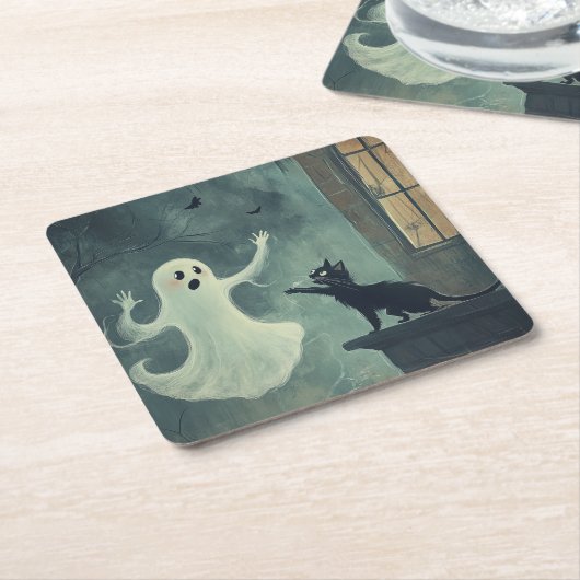 Halloween Cat und Ghost Rechteckiger Pappuntersetzer (angewinkelt)