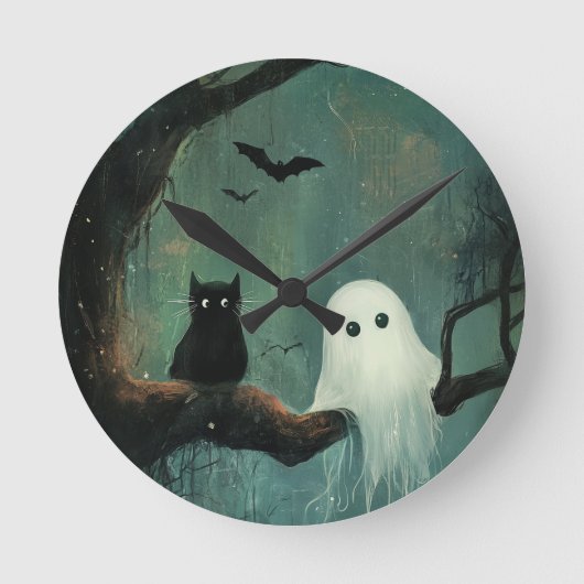 Halloween Cat und Ghost Runde Wanduhr (Vorderseite)