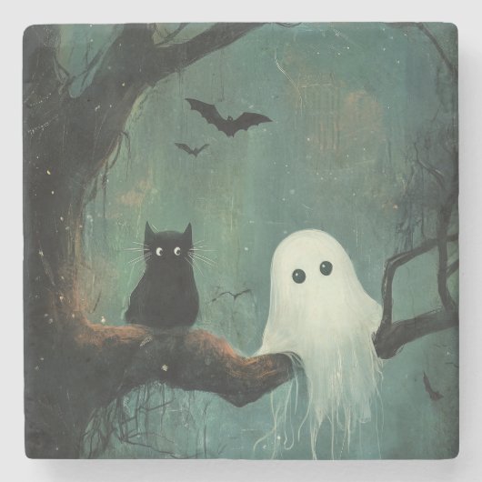 Halloween Cat und Ghost Steinuntersetzer (Vorderseite)