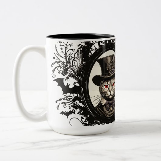 Halloween Cat, Vampire Cat, Lady Fangzähne Zweifarbige Tasse (Links)