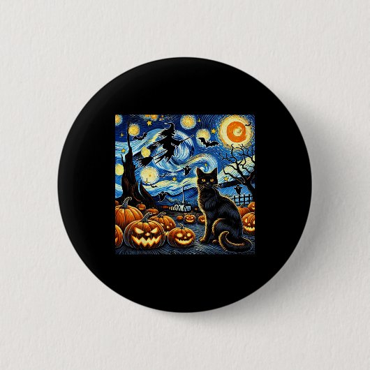 Halloween Cat Van Gogh Starry Night Witz Byts Pum Button (Vorderseite)