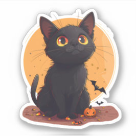 Halloween Cat vor dem Mond mit Jack-o-Lantern Aufkleber
