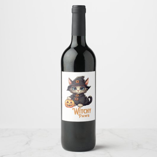 Halloween Cat Witchy Paws Weinetikett (Vorderseite)