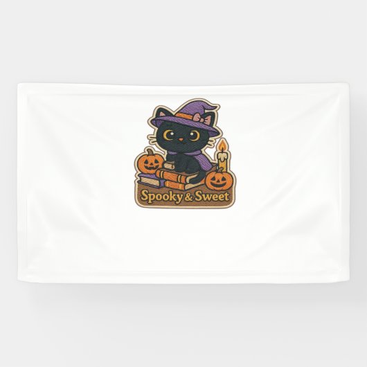 Halloween Cat with Magic Books - Spooky & Sweet Em Banner (Horizontal)