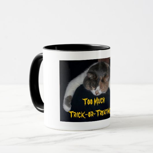 Halloween Cat zu viel Trick oder Kaffee behandeln Tasse (Vorderseite Links)