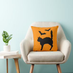 Halloween Cats and Bats Silhouette Orange Kissen