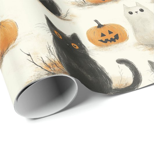 Halloween Cats and Pumpkins Pattern Geschenkpapier (Rolleneckpunkt)