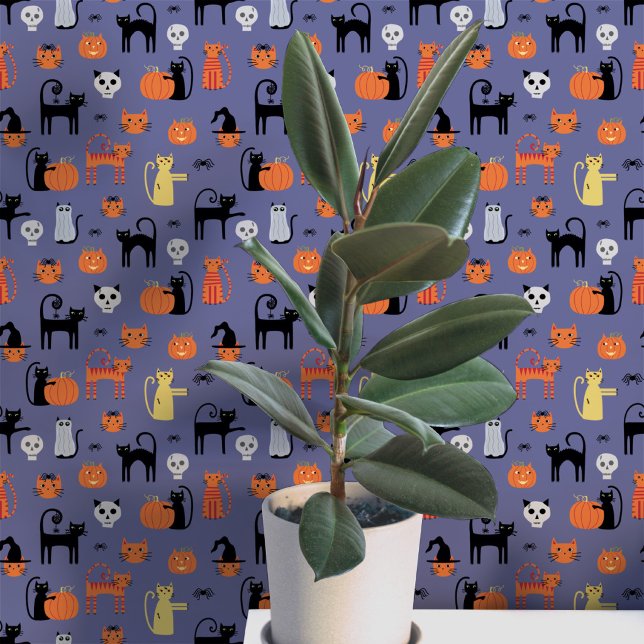 Halloween Cats Pattern Tapete (Fun Halloween black and orange cats, pumpkins, witches, zombies and skulls peel and stick wallpaper)