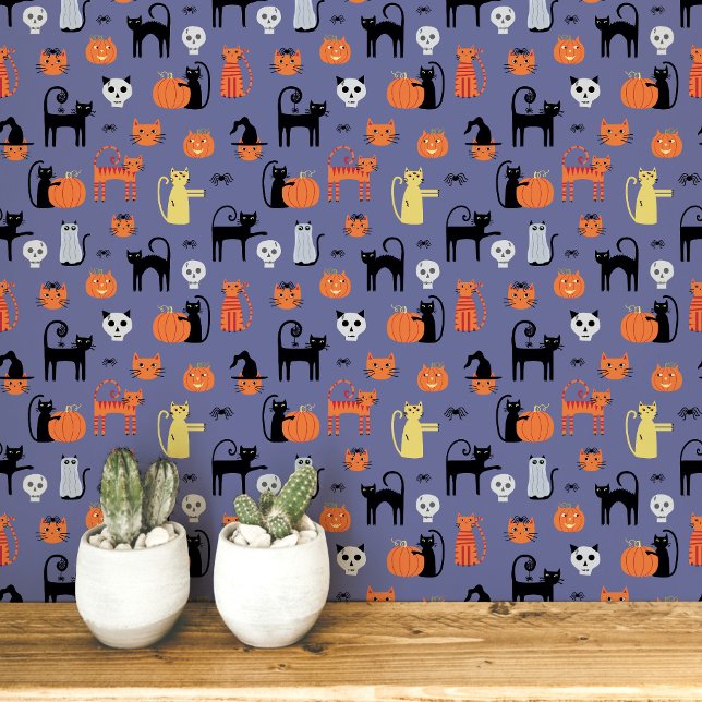 Halloween Cats Pattern Tapete (Fun Halloween black and orange cats, pumpkins, witches, zombies and skulls peel and stick wallpaper)