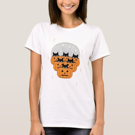 Halloween Cats Pumpkins Black Background Illus T-Shirt (Vorderseite)