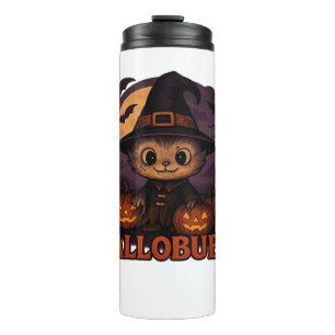 Halloween Cats Pumpkins Schwarze Hintergrund Illus Thermosbecher