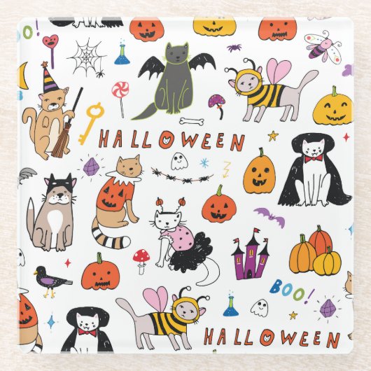 Halloween Cats Vintag Line Muster Glasuntersetzer (Vorderseite)
