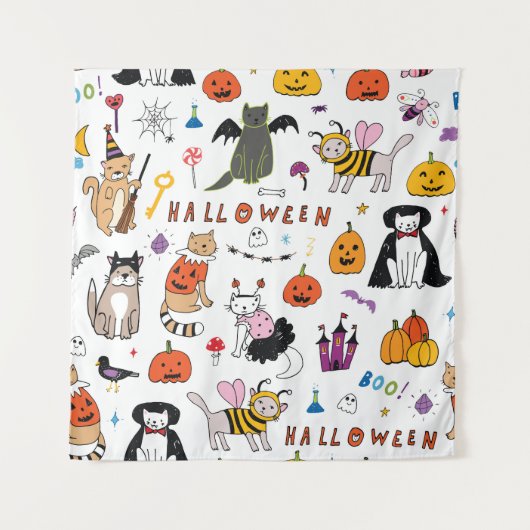 Halloween Cats Vintag Line Muster Wandteppich (Vorderseite)