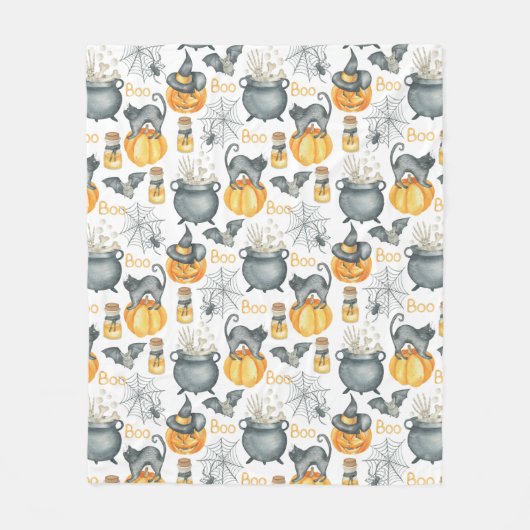 Halloween Cauldron und Cats Muster Fleecedecke (Vorderseite)