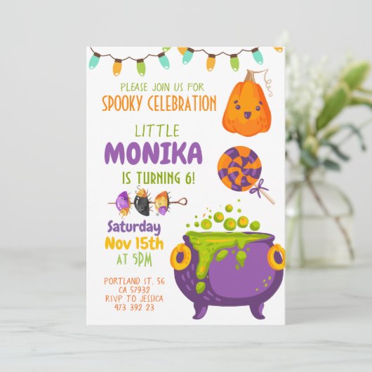 Halloween Cauldron Witch zum Geburtstag Einladung (Stehend Vorderseite)