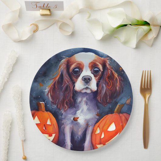 Halloween Cavalier King Charles Spaniel Kürbisse Pappteller (Hochzeit)