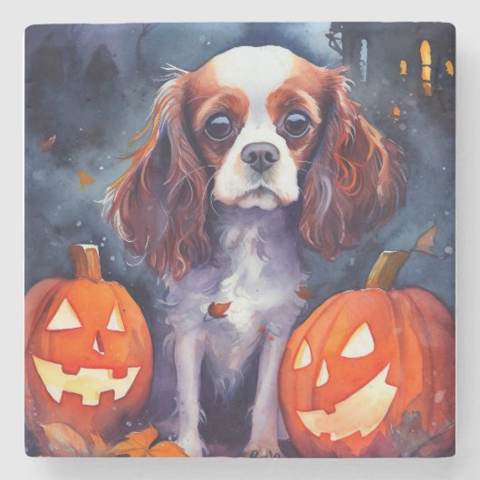 Halloween Cavalier King Charles Spaniel Kürbisse Steinuntersetzer (Vorderseite)