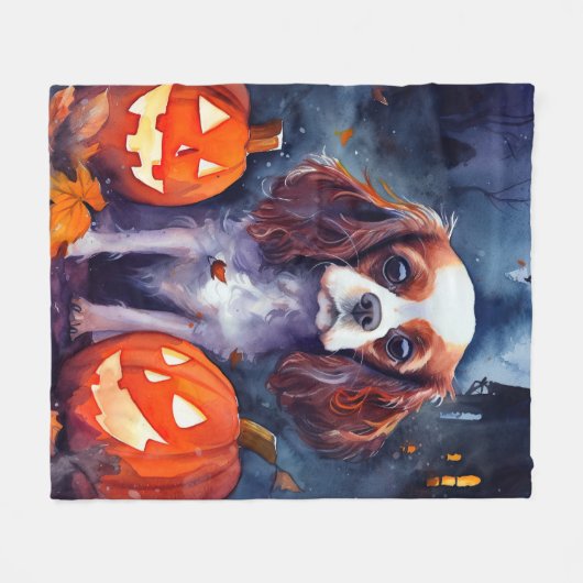 Halloween Cavalier King Charles Spaniel Pumpkins Fleecedecke (Vorderseite (Horizontal))