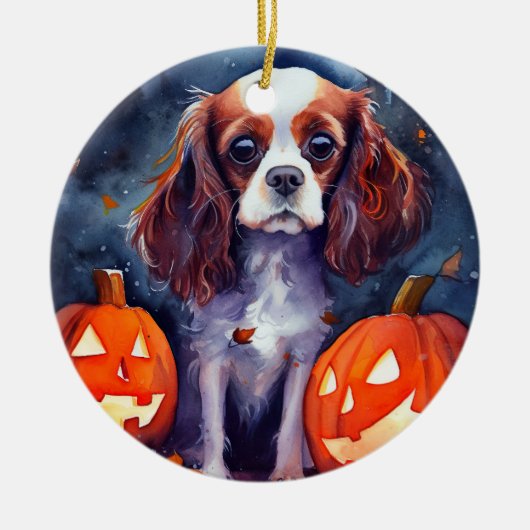 Halloween Cavalier King Charles Spaniel Pumpkins Keramik Ornament (Vorne)