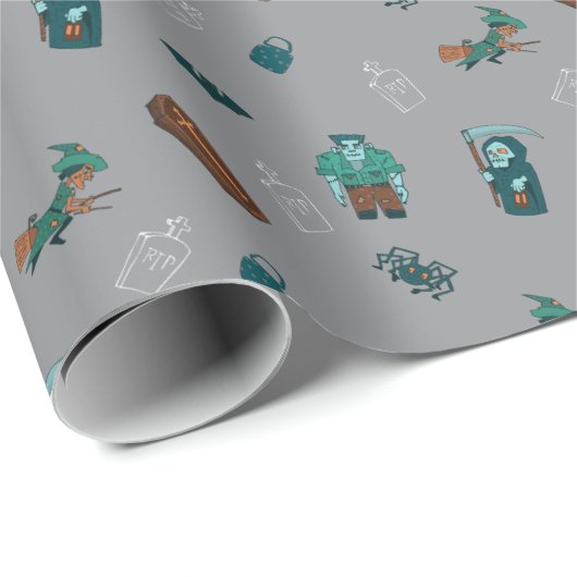 Halloween Character Pattern Geschenkwrap 🦇 🕸️ Geschenkpapier (Rolleneckpunkt)