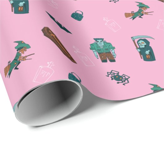 Halloween Character Pattern Geschenkwrap 🦇 🕸️ Geschenkpapier (Rolleneckpunkt)