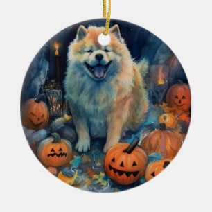 Halloween Chow Chow mit Kürbissen Gruselig Keramik Ornament