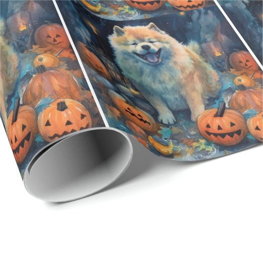 Halloween Chow Chow mit Pumpkins Beängstigend Geschenkpapier (Rolleneckpunkt)