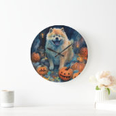 Halloween Chow Chow mit Pumpkins Beängstigend Große Wanduhr (Zuhause)