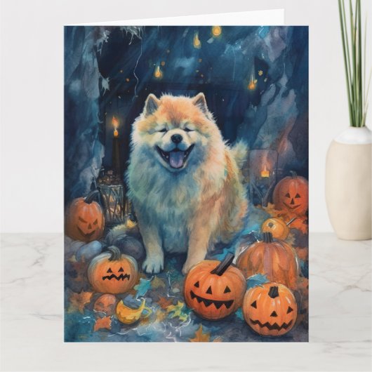 Halloween Chow Chow mit Pumpkins Beängstigend Karte (Vorderseite)