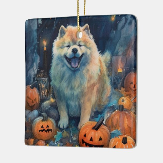 Halloween Chow Chow mit Pumpkins Beängstigend Keramikornament (Links)