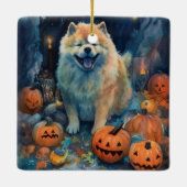 Halloween Chow Chow mit Pumpkins Beängstigend Keramikornament (Rückseite)