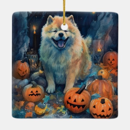 Halloween Chow Chow mit Pumpkins Beängstigend Keramikornament (Rückseite)