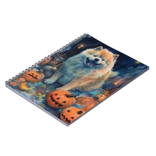 Halloween Chow Chow mit Pumpkins Beängstigend Notizblock (Linke Seite)