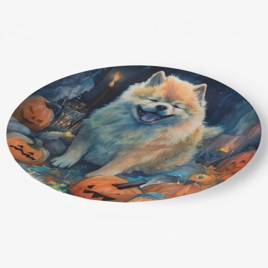 Halloween Chow Chow mit Pumpkins Beängstigend Pappteller (Schrägansicht)