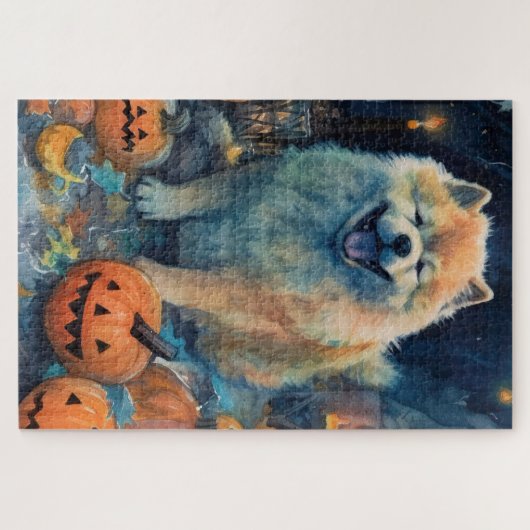 Halloween Chow Chow mit Pumpkins Beängstigend Puzzle (Horizontal)