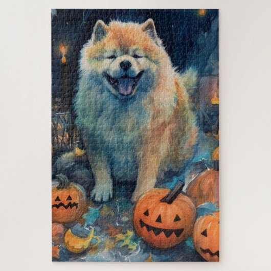 Halloween Chow Chow mit Pumpkins Beängstigend Puzzle (Vertikal)