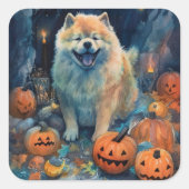 Halloween Chow Chow mit Pumpkins Beängstigend Quadratischer Aufkleber (Vorderseite)
