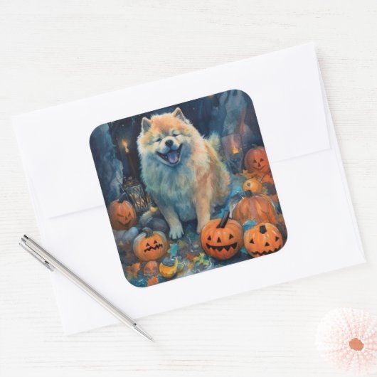 Halloween Chow Chow mit Pumpkins Beängstigend Quadratischer Aufkleber (Umschlag)