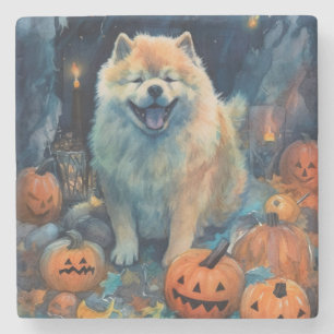 Halloween Chow Chow mit Pumpkins Beängstigend Steinuntersetzer