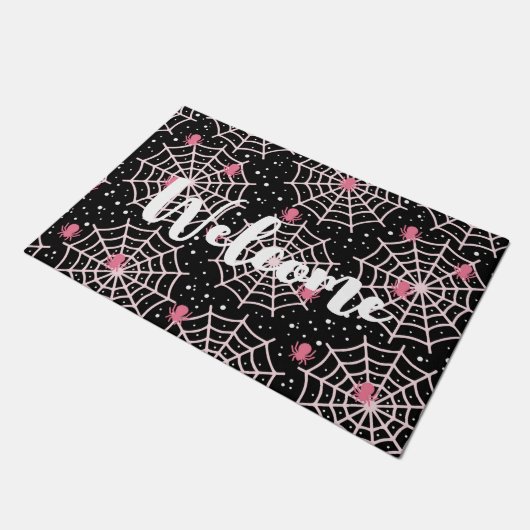 Halloween Cobwebens & Spiders Muster Willkommen Fußmatte (Schrägansicht)