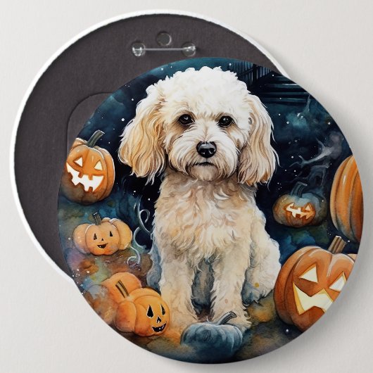 Halloween Cockapoo mit Pumpkins Beängstigend Button (Vorne & Hinten)