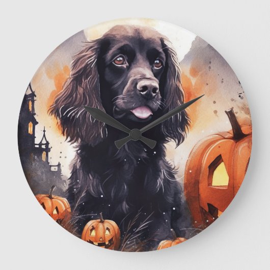Halloween Cocker Spaniel mit Kürbissen  Große Wanduhr (Vorderseite)