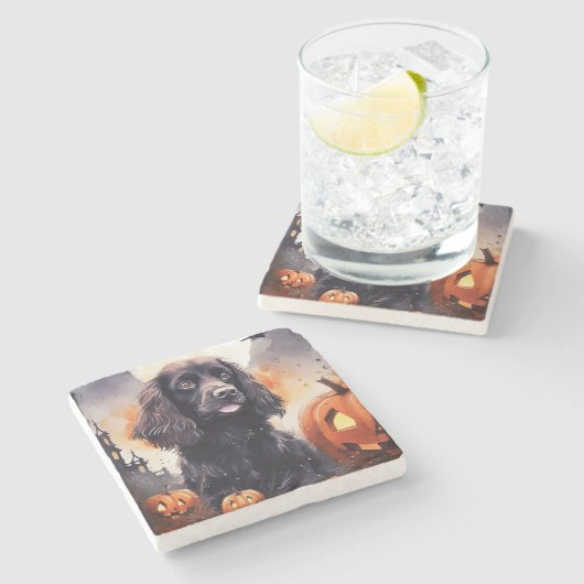 Halloween Cocker Spaniel mit Pumpkins Steinuntersetzer (Seitenansicht)