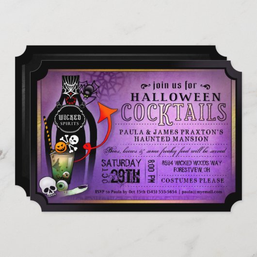 Halloween Cocktail Party Drinks Lila Einladung (Vorne/Hinten)
