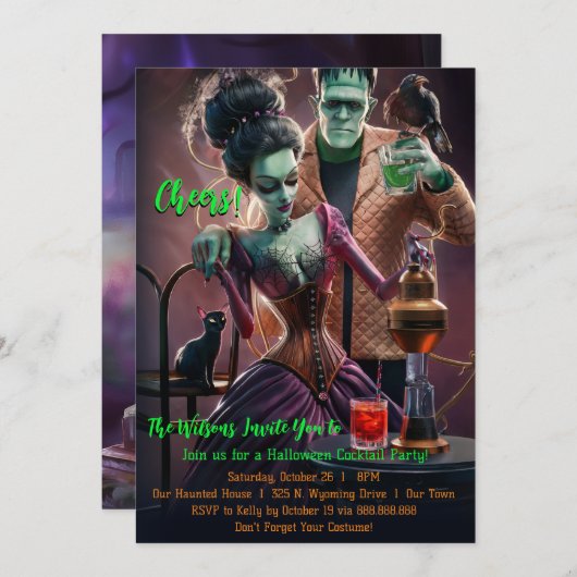Halloween Cocktail Party, Frankenstein & Bride Einladung (Vorne/Hinten)