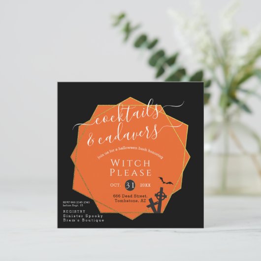 Halloween Cocktails Cadavers Black Golden Parody Einladung (Stehend Vorderseite)